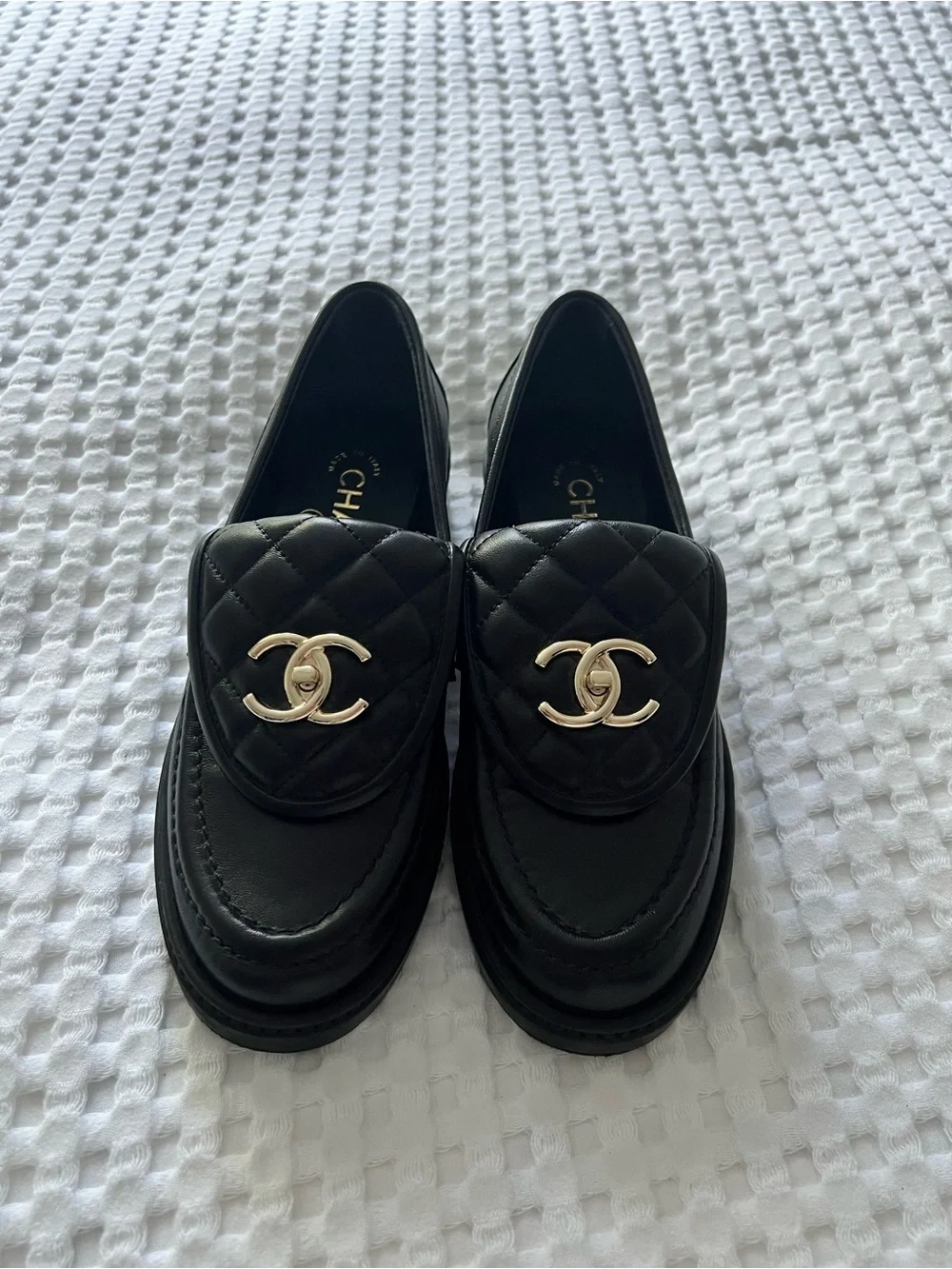 CHANEL Black Quilted Lambskin CC Turnlock Loafers Moccasins